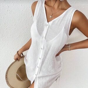 Veloura White Sheer Summer Button Front Beach Cover Up Dress Drawstring